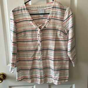 Sunday XS tie front Cotton/Linen blouse tunic. 3/4 sleeves. Summery. Nice